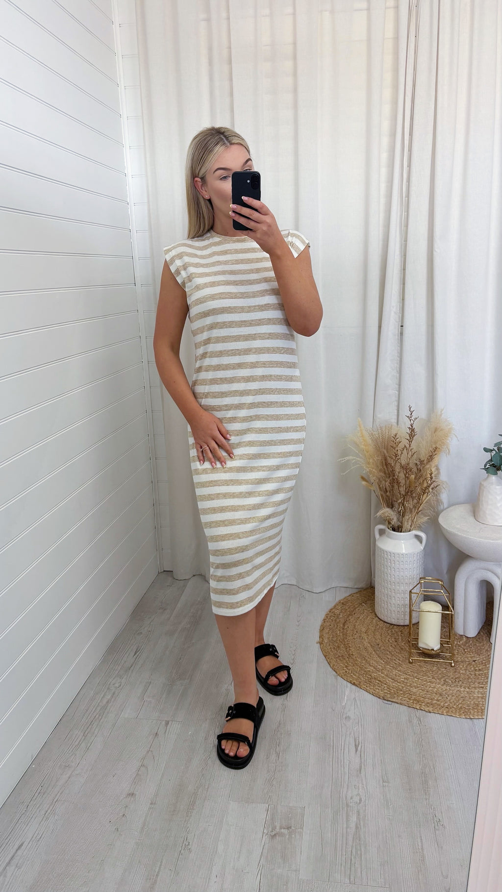 Soft Ribbed Sleeveless Midi Dress - BEIGE STRIPE