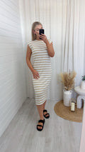 Soft Ribbed Sleeveless Midi Dress - BEIGE STRIPE