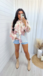 Frill Collar Sheer Floral Blouse - CREAM