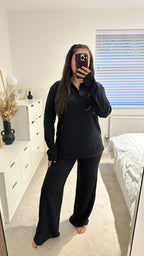 Textured Shimmer V Neck Top and Trousers Co-Ord - BLACK