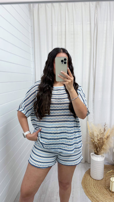 Stripey Mesh T-Shirt and Shorts Co-Ord - POWDER BLUE
