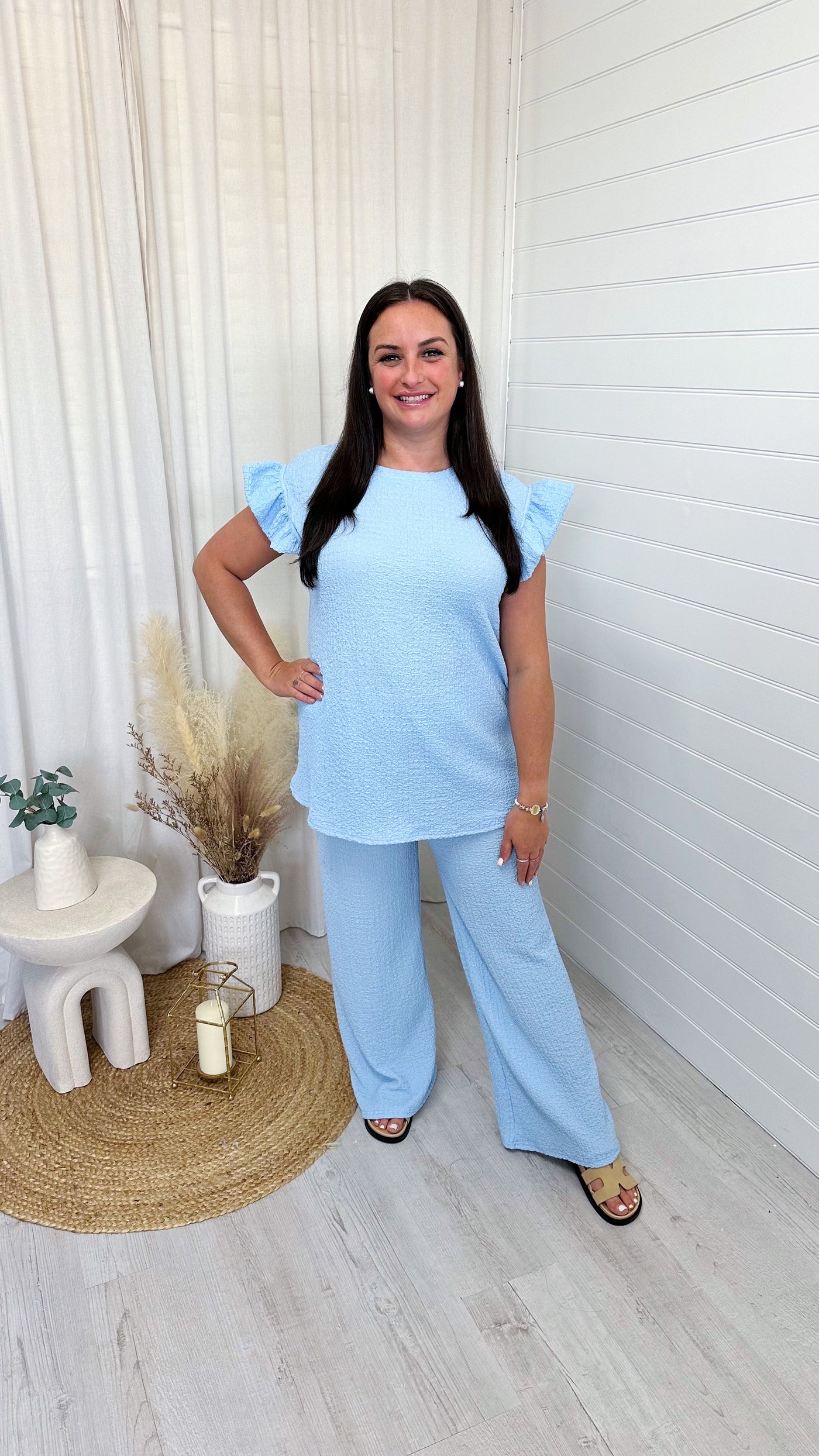 Cheesecloth Frill Shoulder Top and Trousers Co-Ord - SKY BLUE