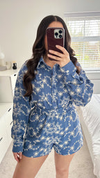 Embroidered Flower Pattern Shirt and Shorts Co-Ord - DENIM BLUE
