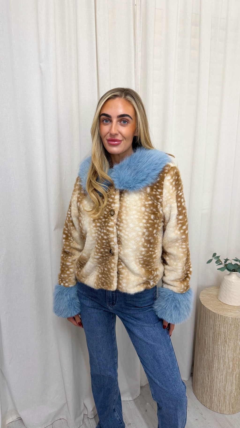 Fluffy Cuffed Faux Fur Deer Jacket - BABY BLUE