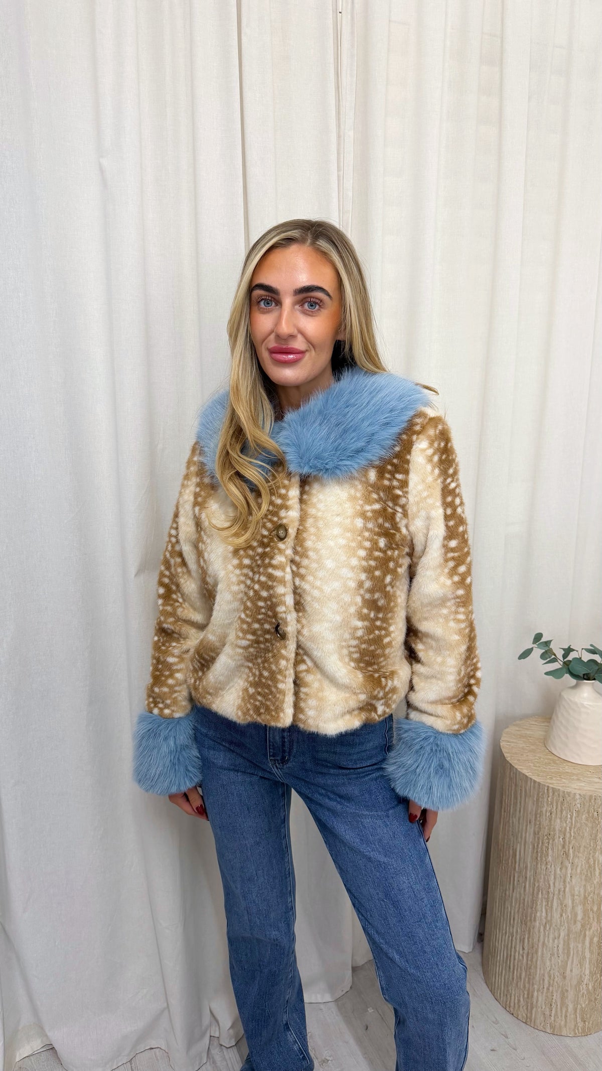 Fluffy Cuffed Faux Fur Deer Jacket - BABY BLUE