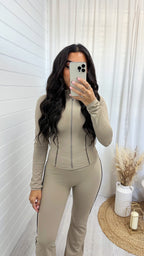 Contrast Seam Body Sculpt Jacket and Flares Co-Ord - MOCHA