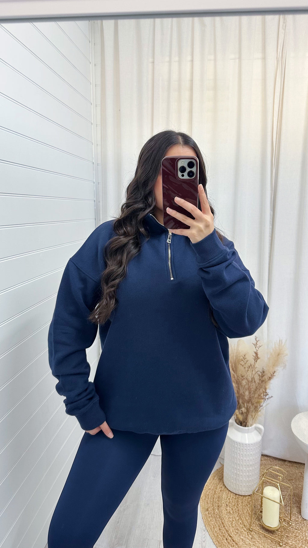 Plain Fleece Lined Half Zip Sweatshirt - NAVY