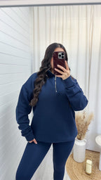Plain Fleece Lined Half Zip Sweatshirt - NAVY