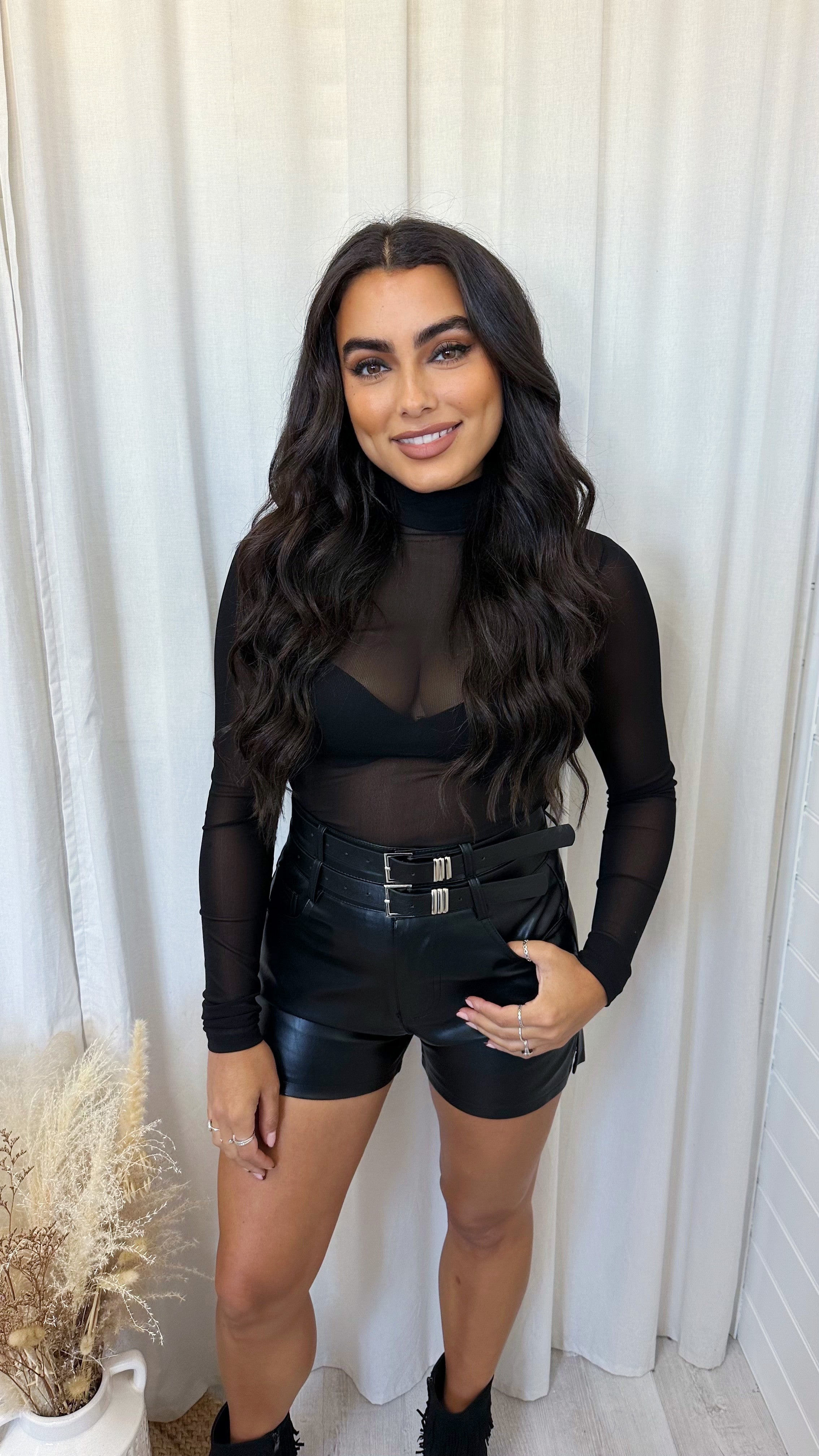 Plain Mesh Long Sleeve Bodysuit - BLACK