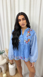 Floral Print Balloon Sleeve Peplum Shirt - BLUE