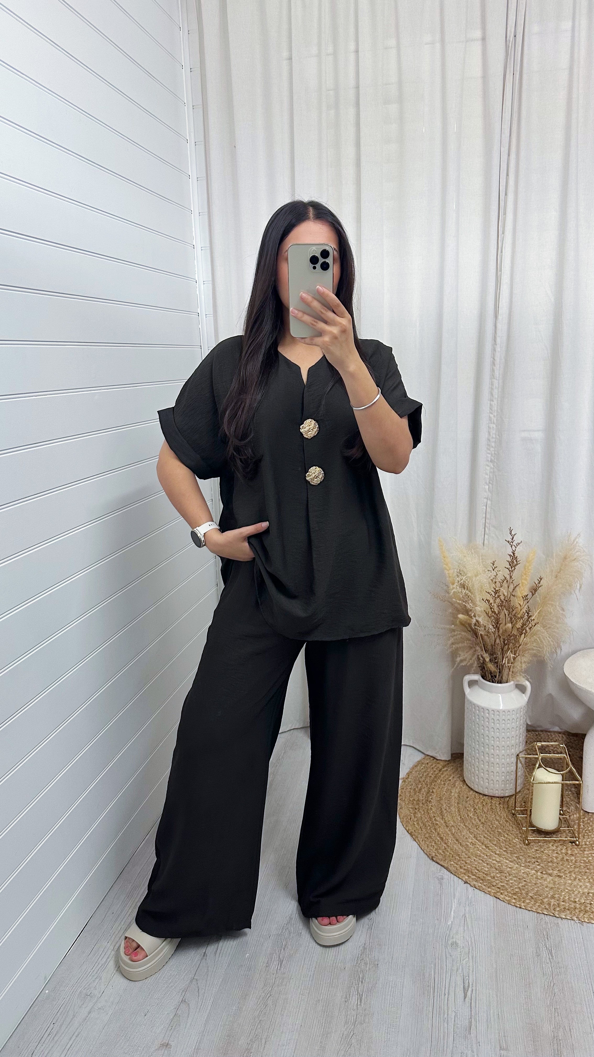 Gold Button V Neck Top and Wide Leg Trousers Co-Ord - DARK BROWN