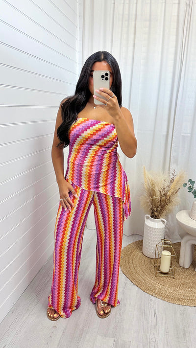 Zig Zag Bandeau Top and Trousers Co-Ord - PINK