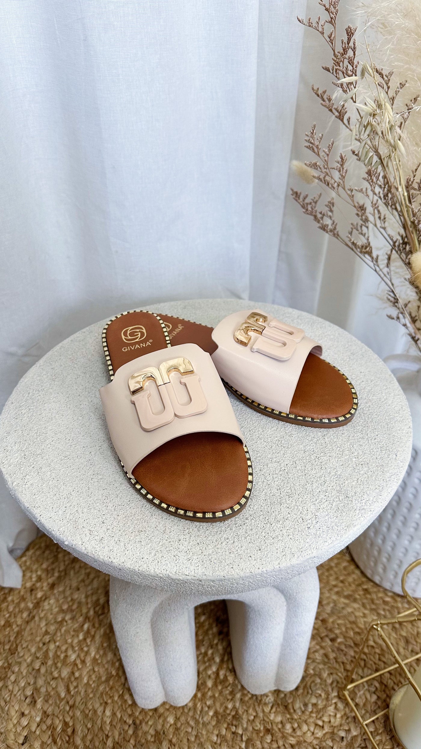 3D Letter Gold Studded Sandals - BEIGE