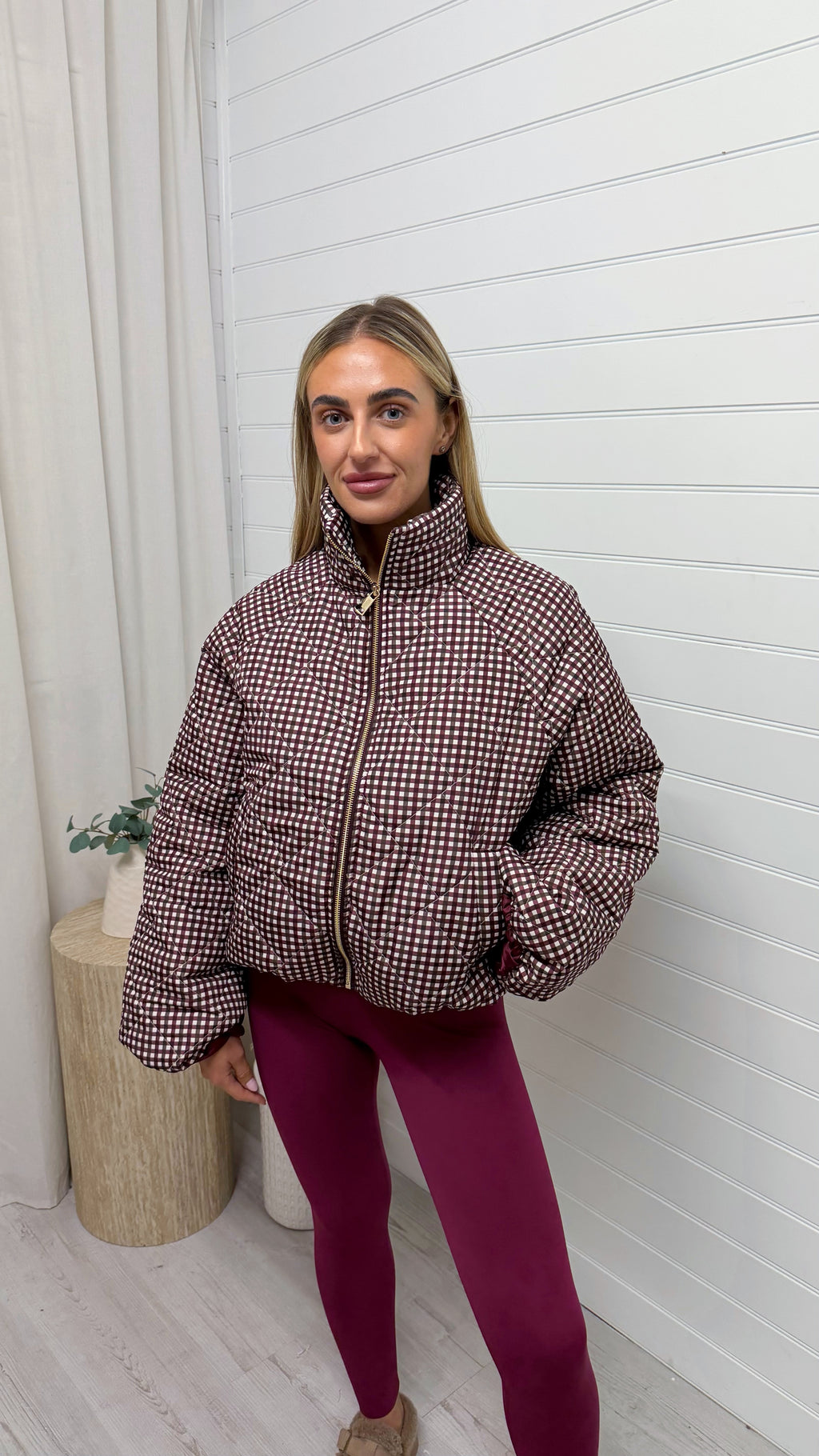 Quilted Gingham Bomber Jacket - BURGUNDY