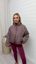 Quilted Gingham Bomber Jacket - BURGUNDY