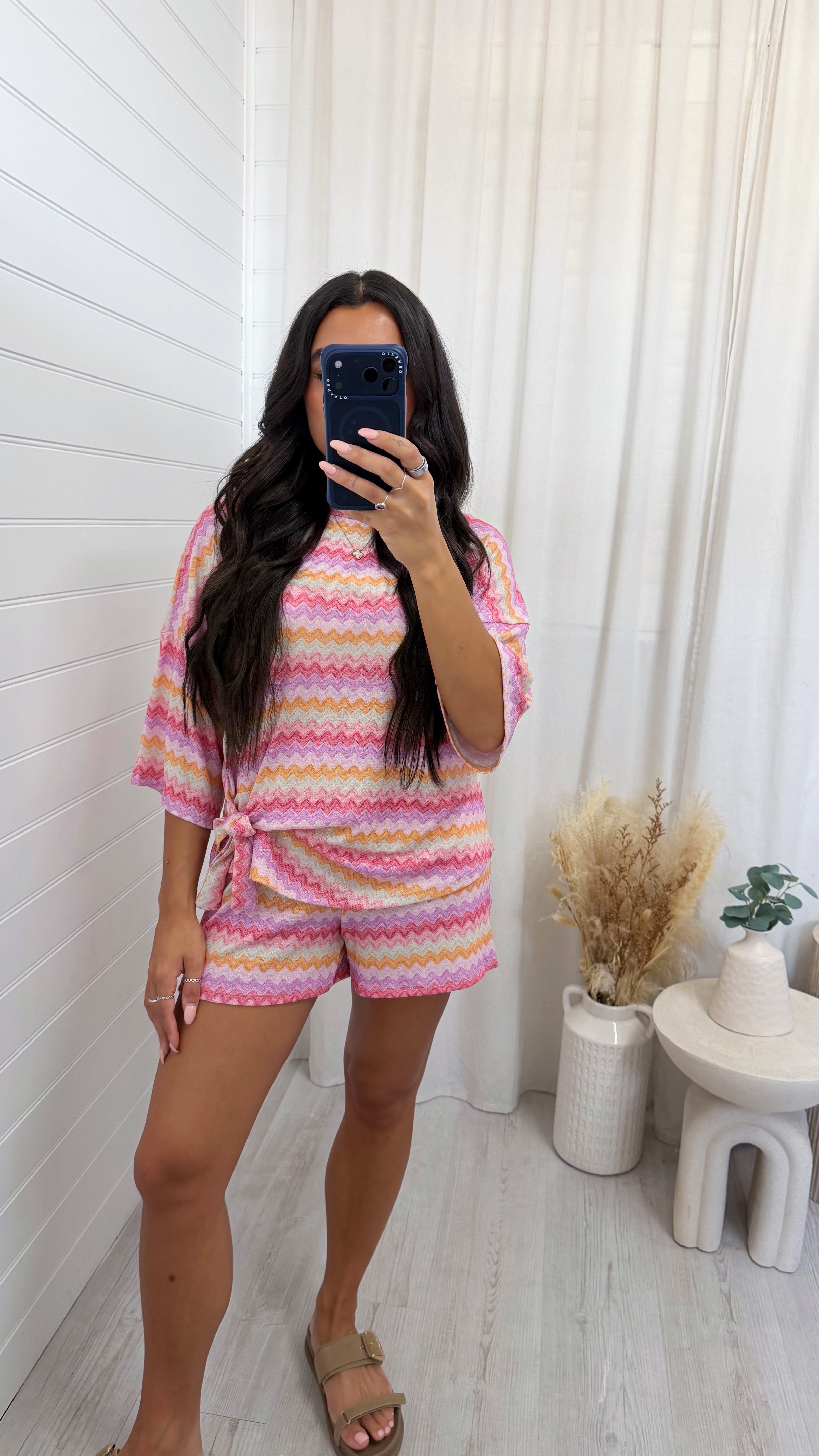 Zig Zag Tie Front T-Shirt and Shorts Co-Ord - PINK/ORANGE