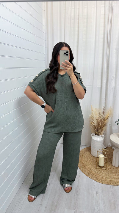 Cheesecloth Gold Button T-Shirt and Trousers Co-Ord - KHAKI