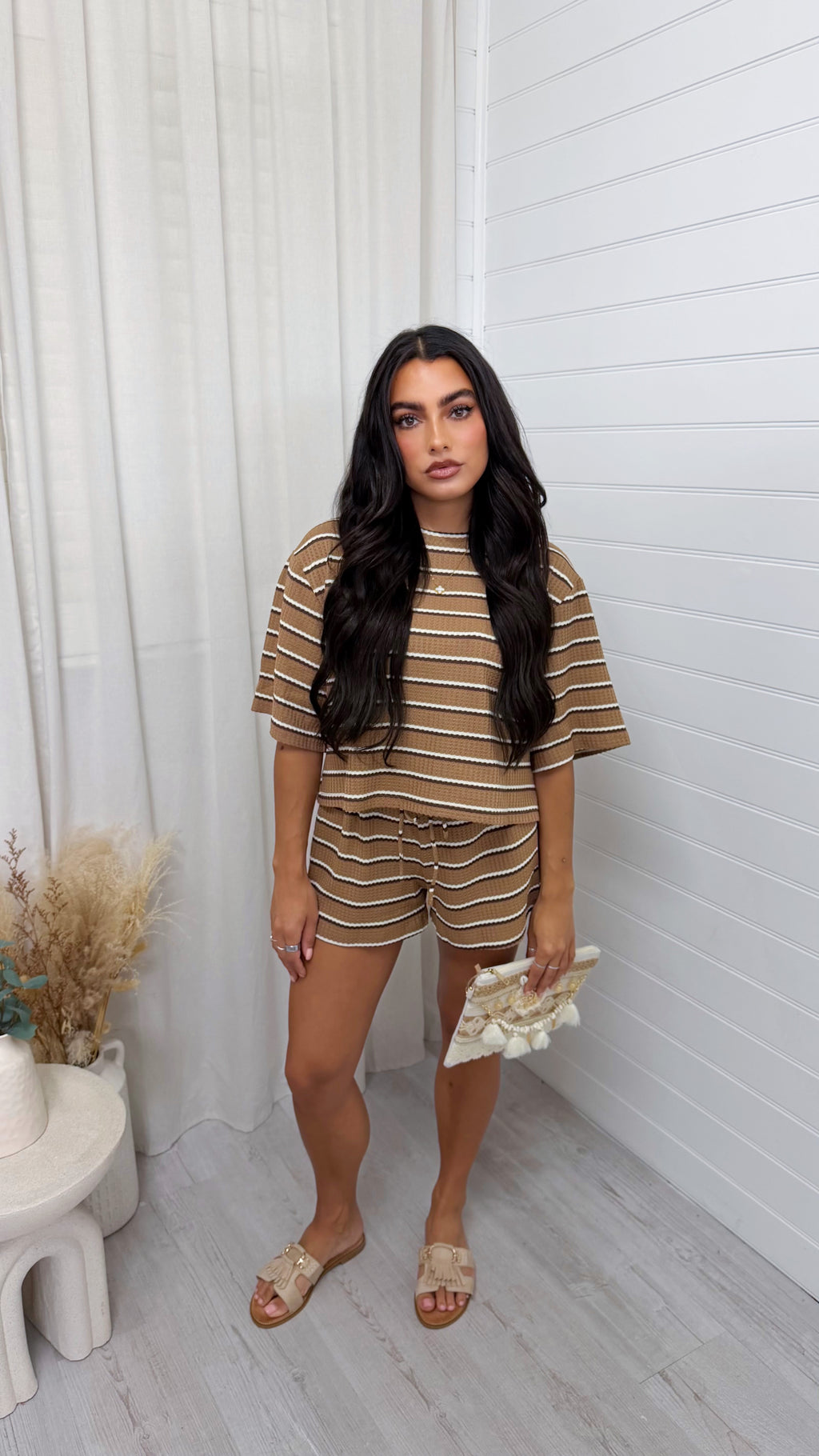 Waffle Stripe Crop Top and Shorts Co-Ord - TAN