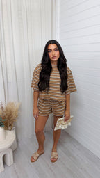 Waffle Stripe Crop Top and Shorts Co-Ord - TAN