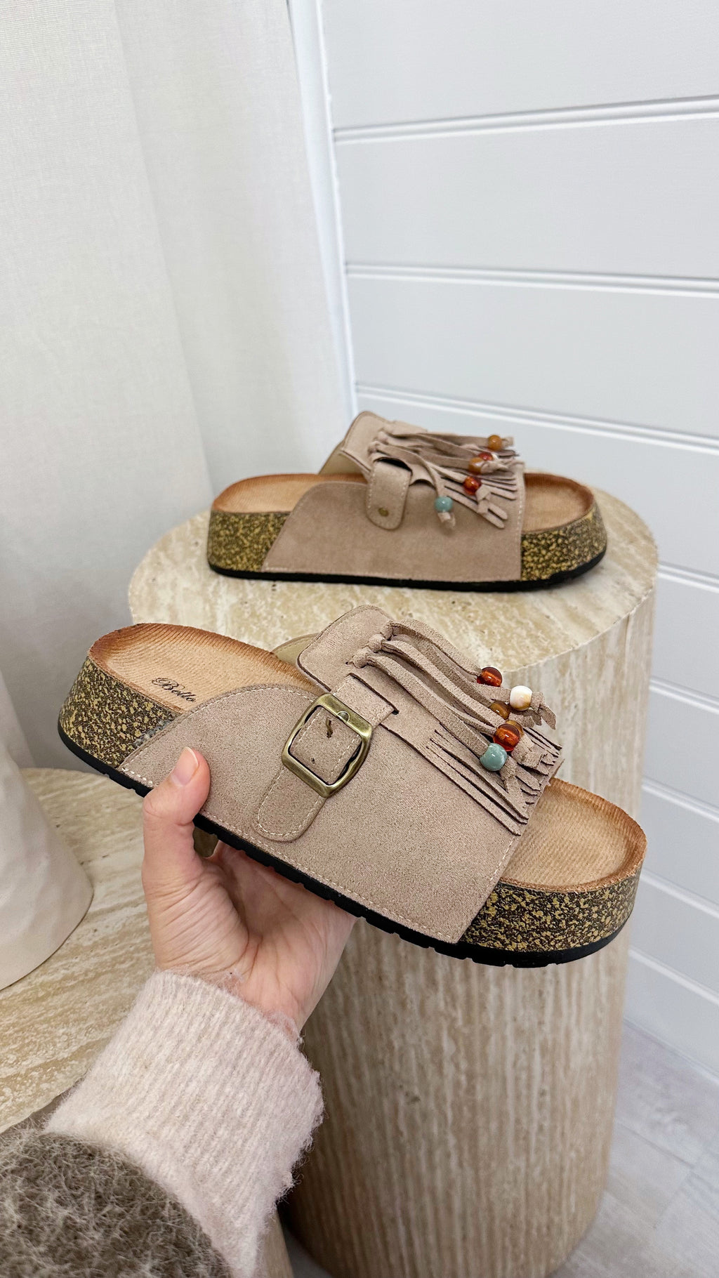 Beaded Suede Fringe Sliders - BEIGE
