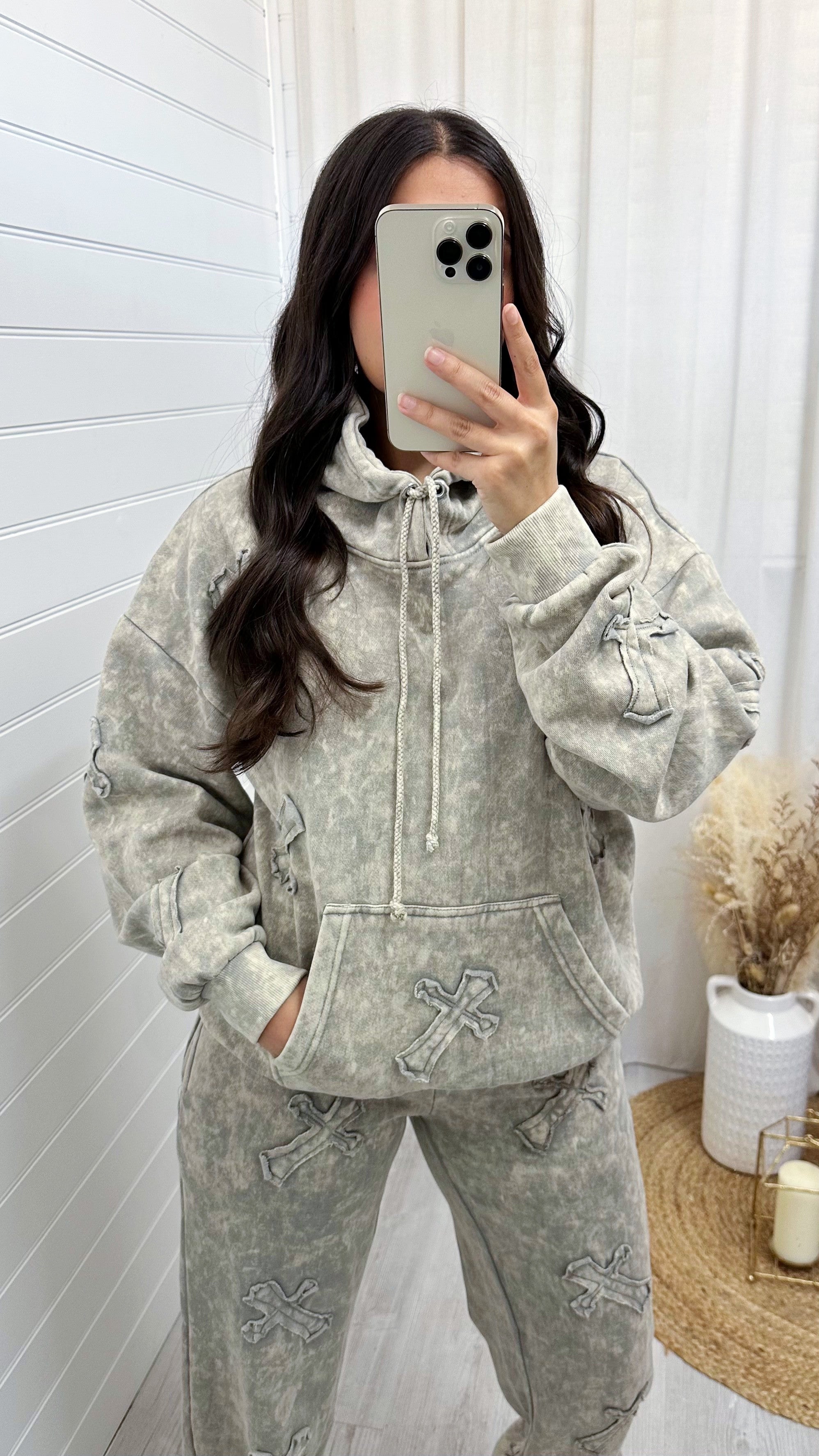 Distressed Cross Hoodie and Joggers Tracksuit - ACID WASH BEIGE