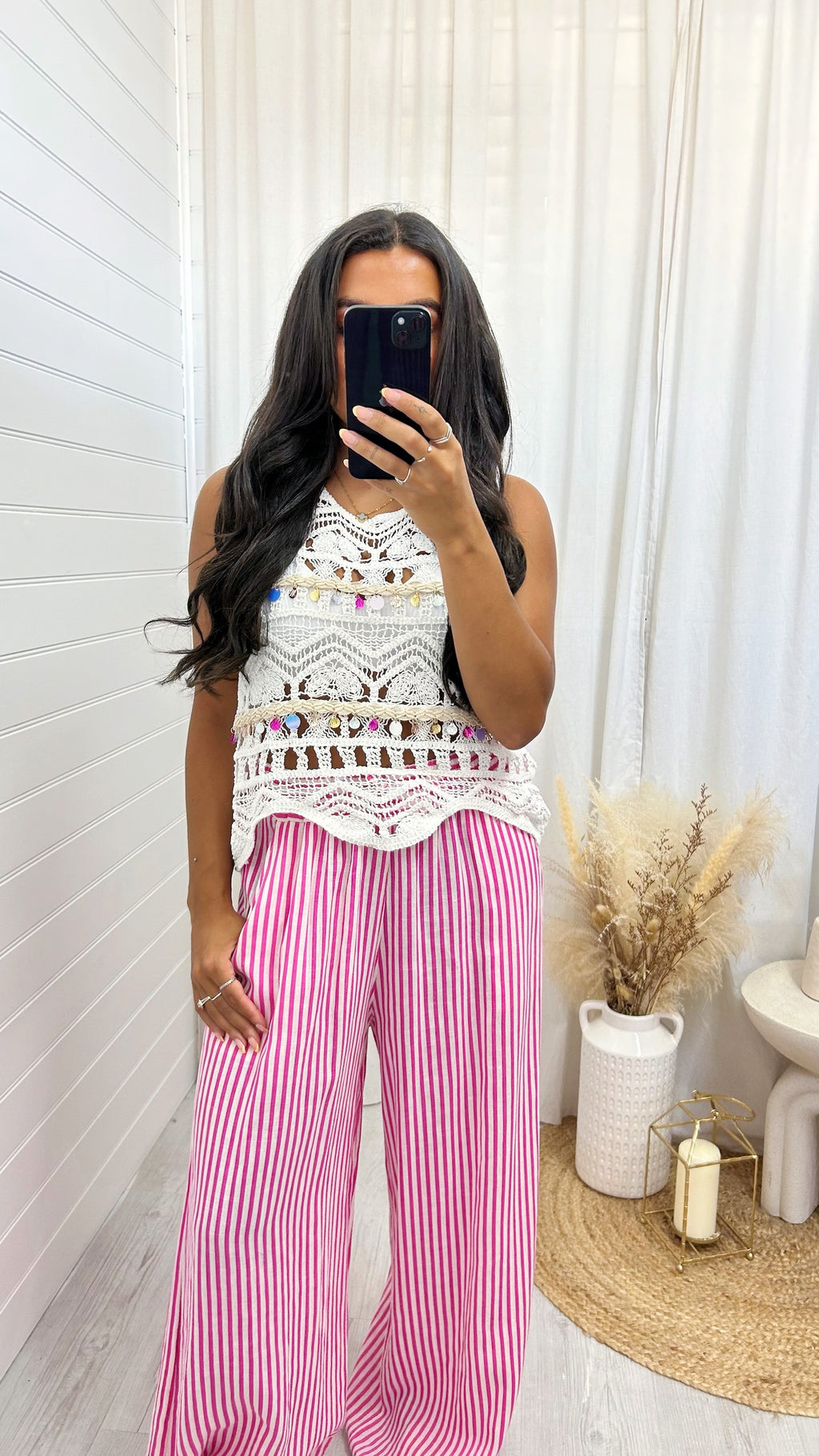 Sequin Trim Crochet Vest Top - WHITE