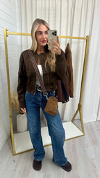Suede Cropped Bomber Jacket - BROWN