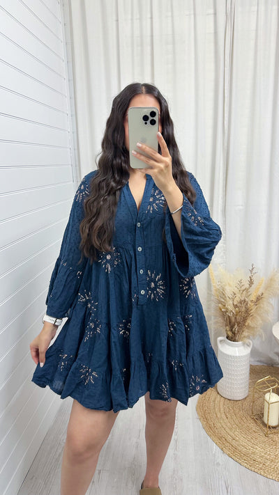Textured Sequin Smock Dress - NAVY