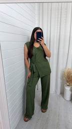 Wrap Over Sleeveless Top and Trousers Co-Ord - KHAKI