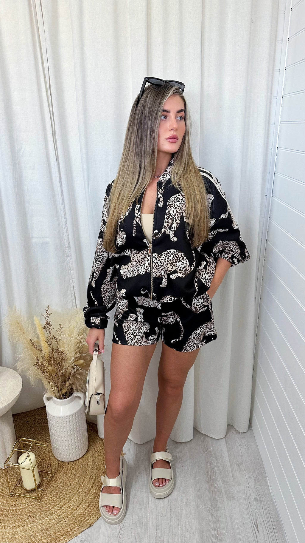 Cheetah Print Bomber Jacket and Shorts Co-Ord - BLACK