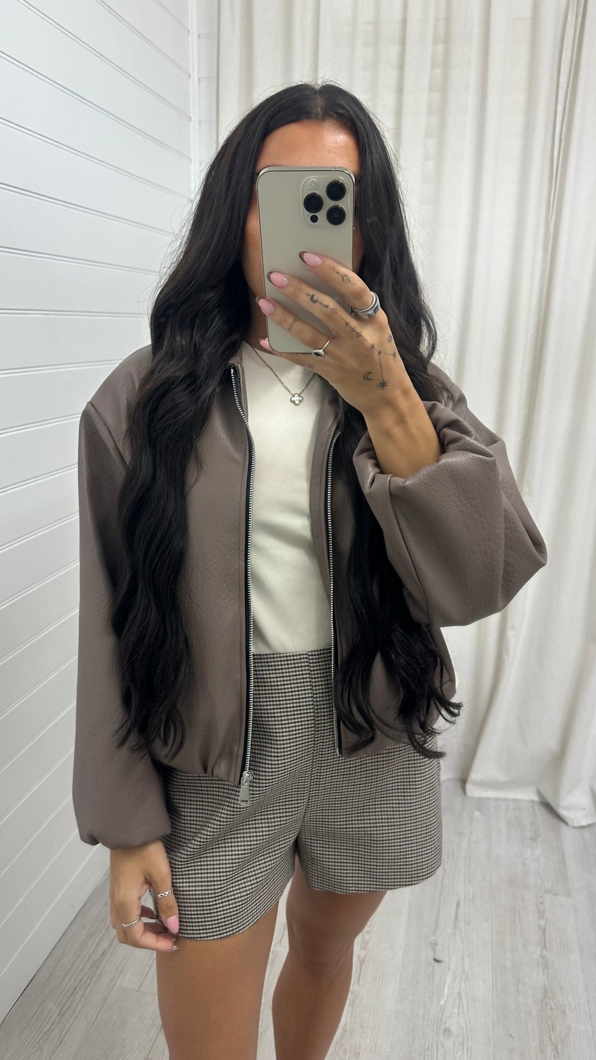 Faux Leather Bomber Jacket - TAUPE