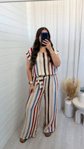 Block Stripe Frill Top and Trouser Co-Ord - BEIGE