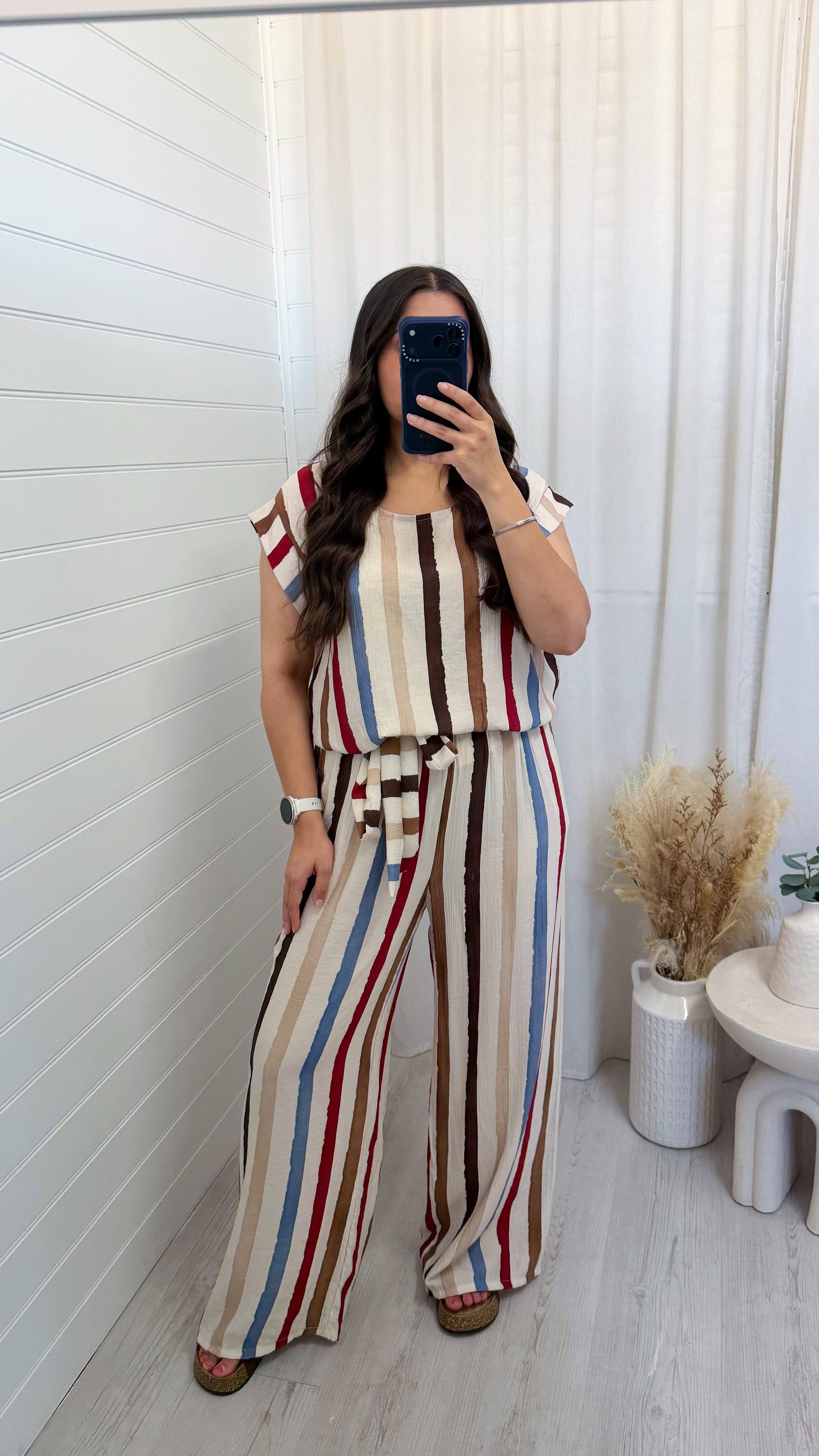Block Stripe Frill Top and Trouser Co-Ord - BEIGE