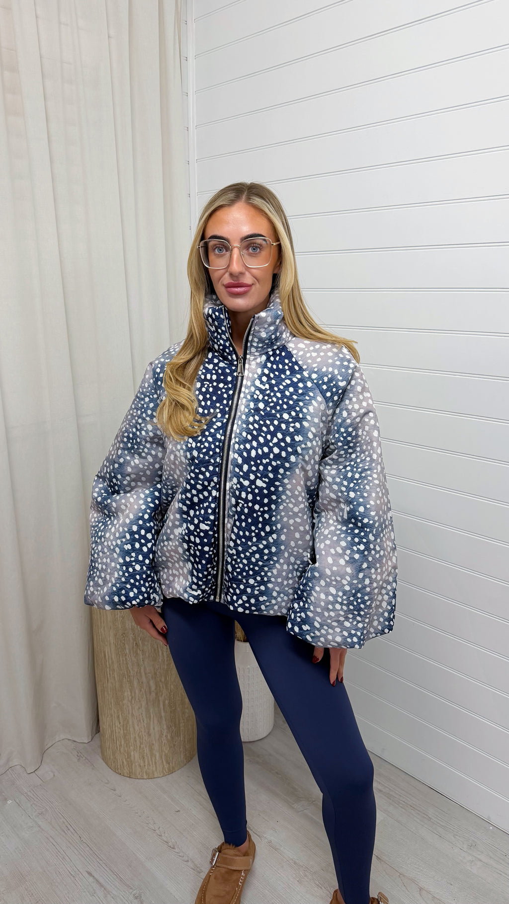 Deer Print Puffer Jacket - NAVY