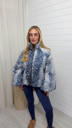 Deer Print Puffer Jacket - NAVY