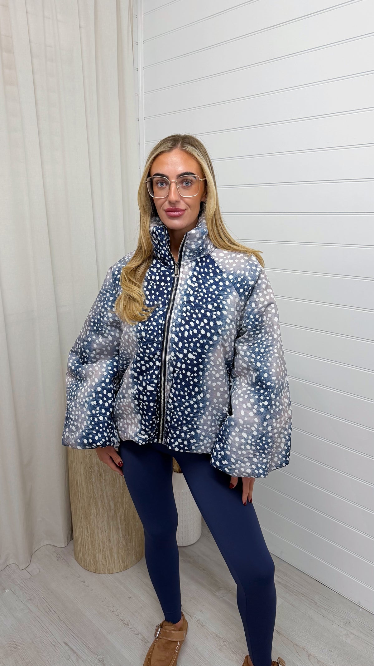Deer Print Puffer Jacket - NAVY