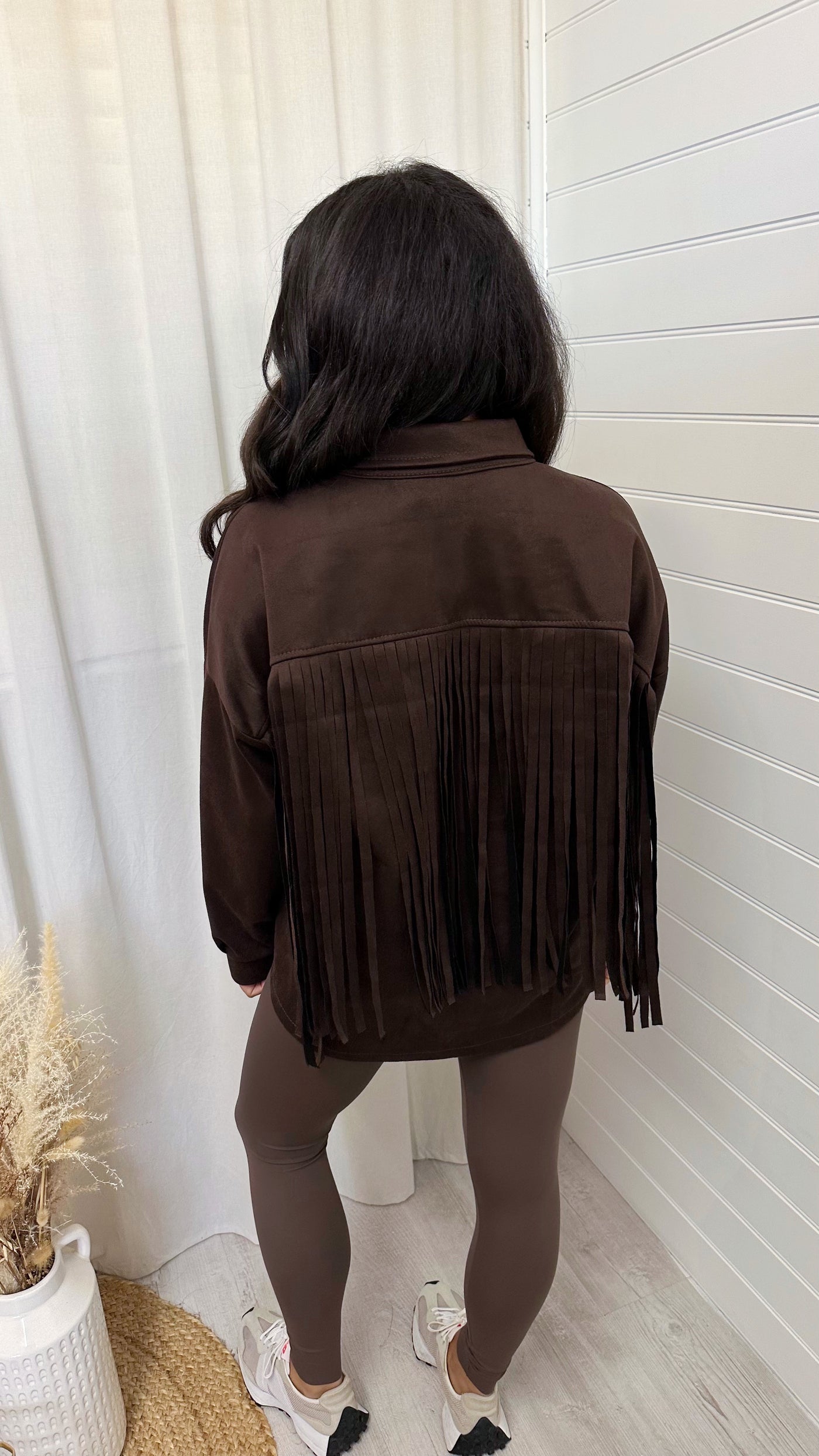 Suede Tassel Trim Jacket - BROWN