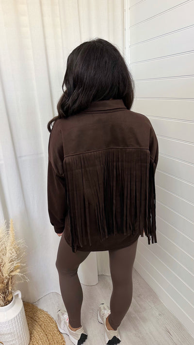 Suede Tassel Trim Jacket - BROWN