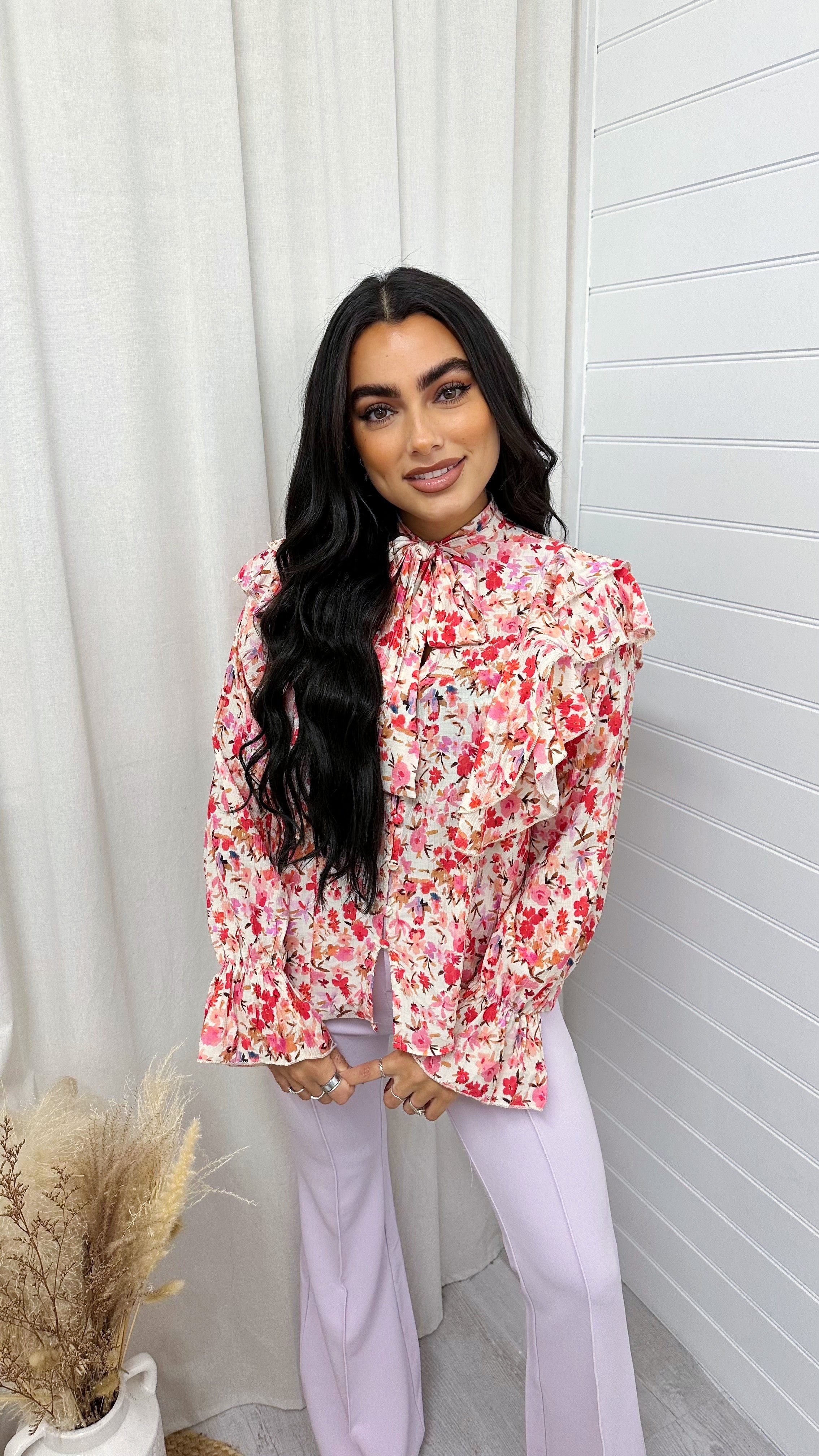 Mini Flower Print Bow Tie Blouse - RED