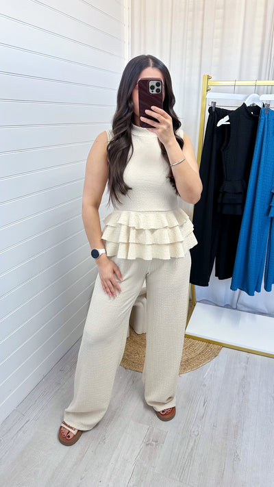 Peplum Frill Tiered Vest Top and Trousers Co-Ord - CREAM
