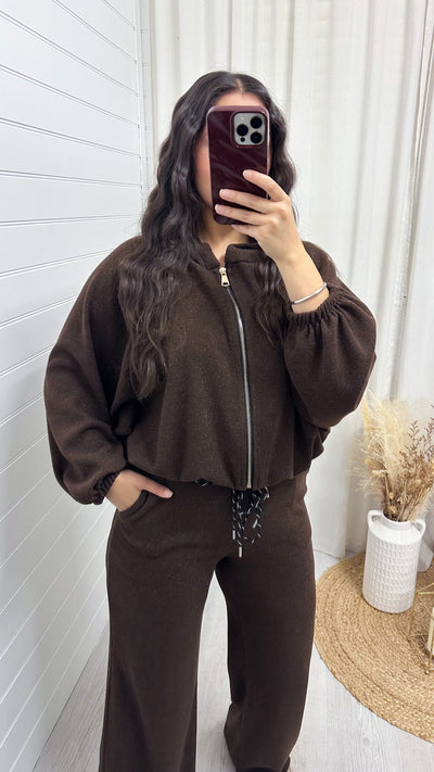 Shimmery Knitted  Bomber Jacket and Joggers Co-Ord - BROWN