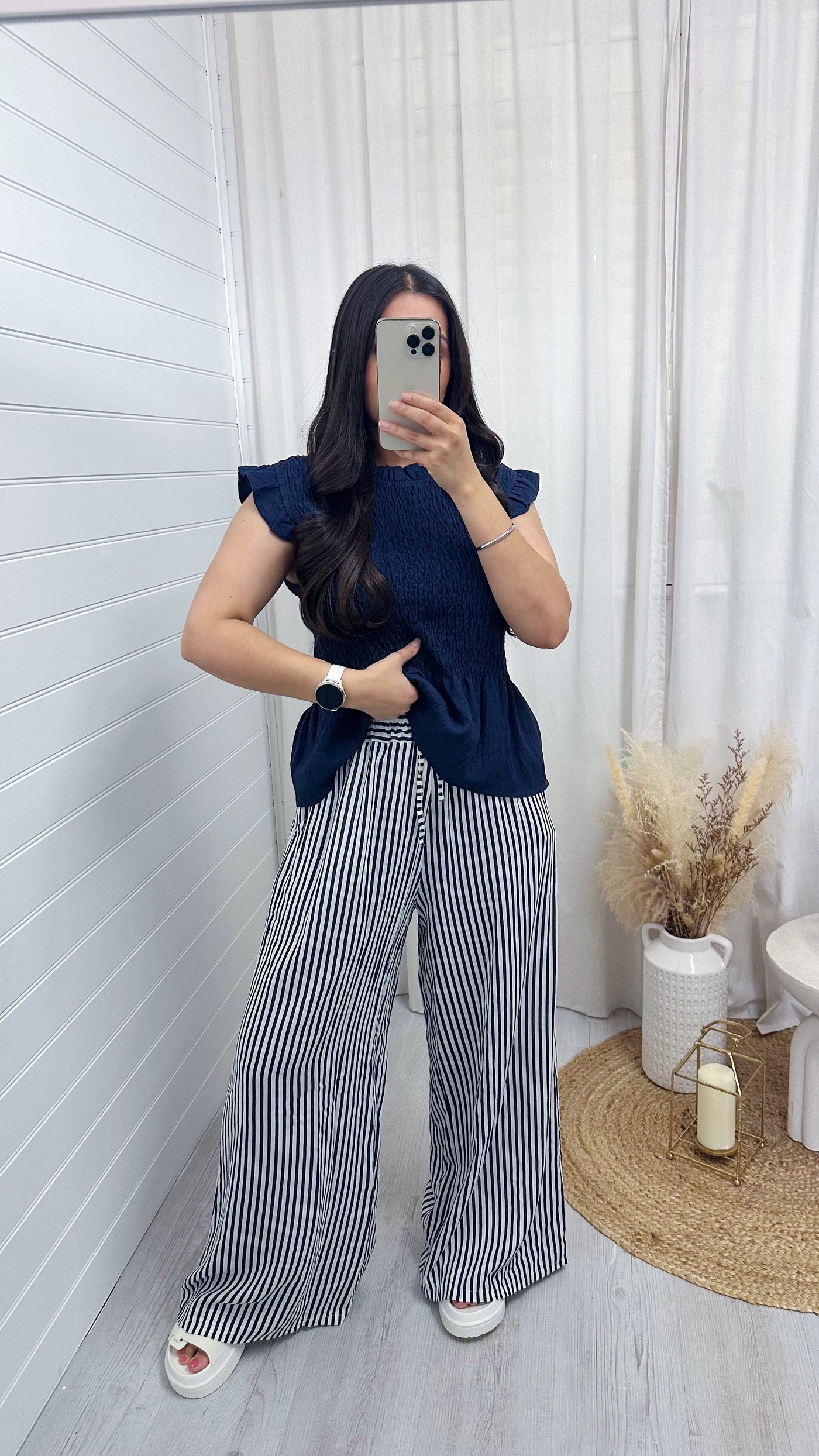 Pinstripe Linen Wide Leg Trousers - NAVY