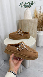 Buckle Strap Faux Fur Loafers - CHESTNUT