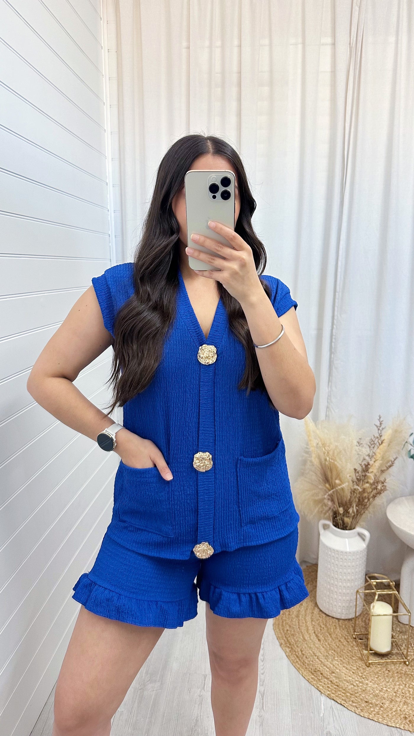 Gold Button Cheesecloth Waistcoat and Shorts Co-Ord - ROYAL BLUE