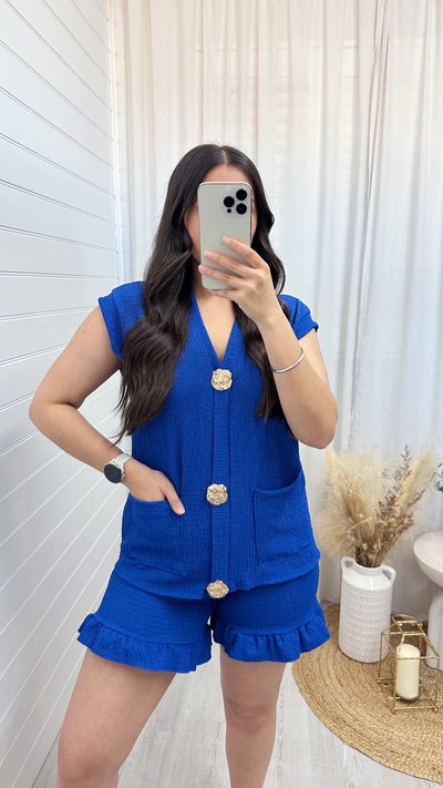 Gold Button Cheesecloth Waistcoat and Shorts Co-Ord - ROYAL BLUE