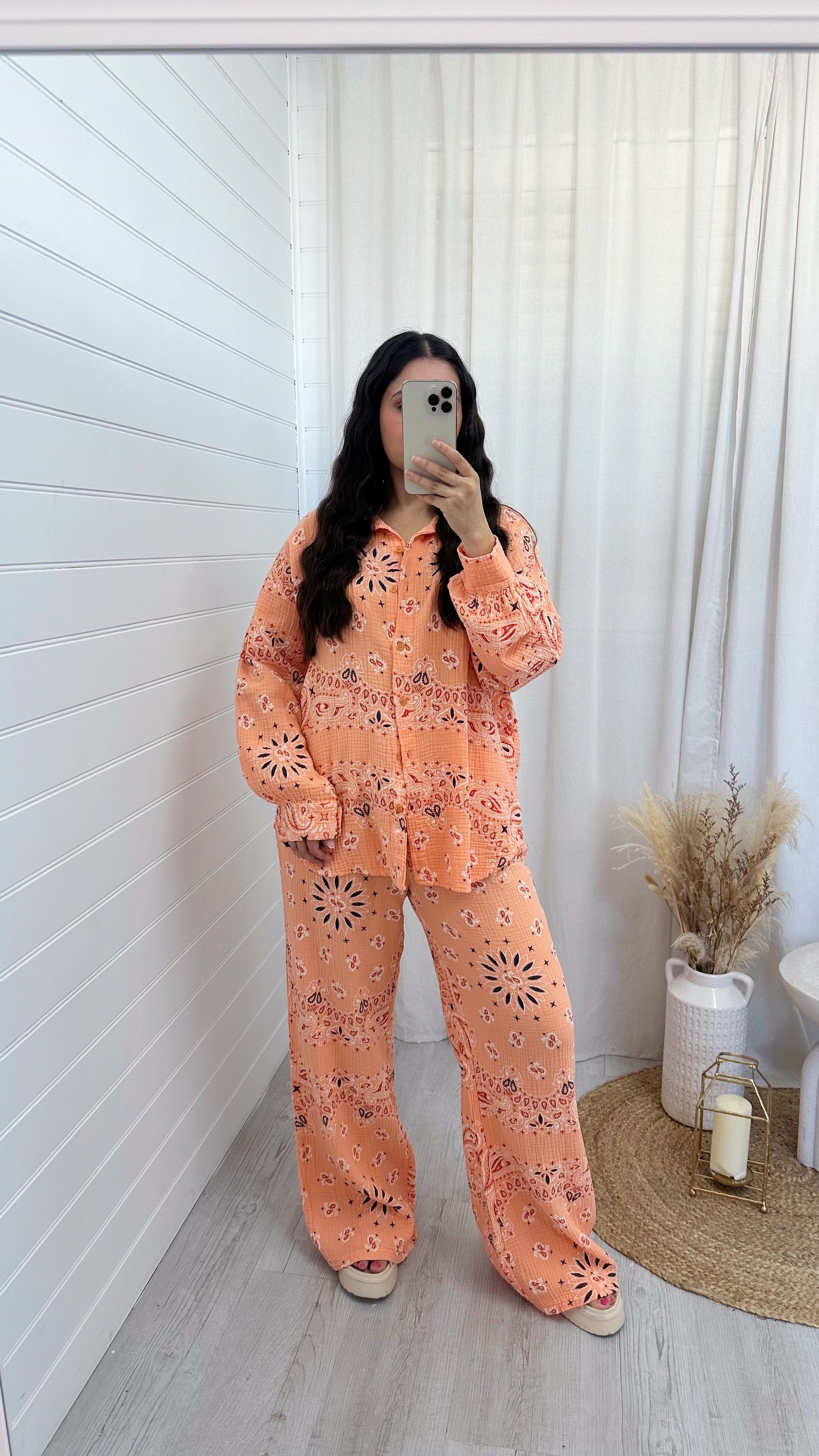 Paisley Cheesecloth Shirt and Trousers Co-Ord - ORANGE