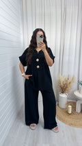 Gold Button V Neck Top and Wide Leg Trousers Co-Ord - BLACK