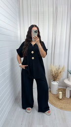 Gold Button V Neck Top and Wide Leg Trousers Co-Ord - BLACK