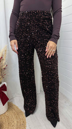 Sequin Velvet Wide Leg Trousers - BROWN
