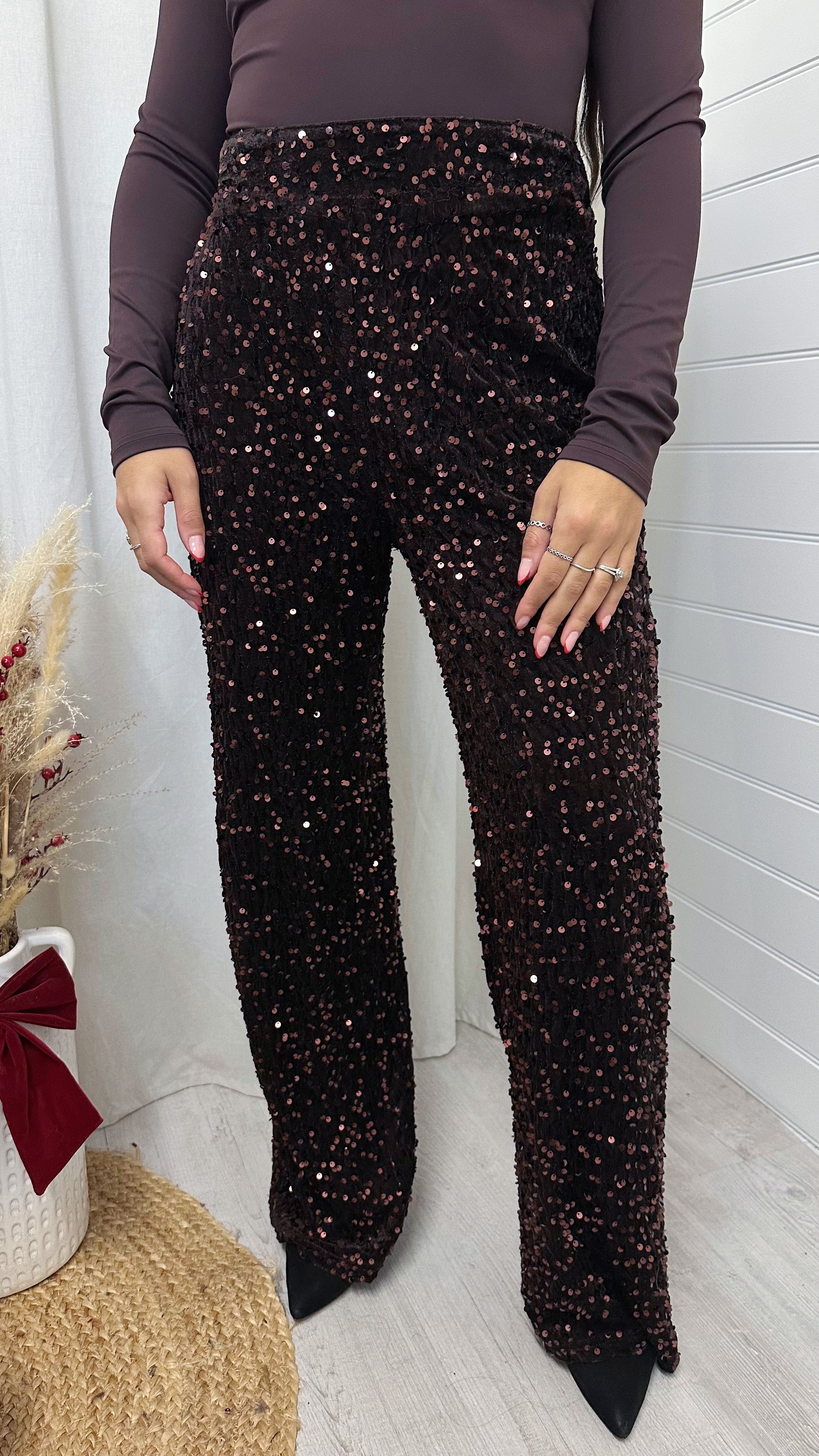 Sequin Velvet Wide Leg Trousers - BROWN